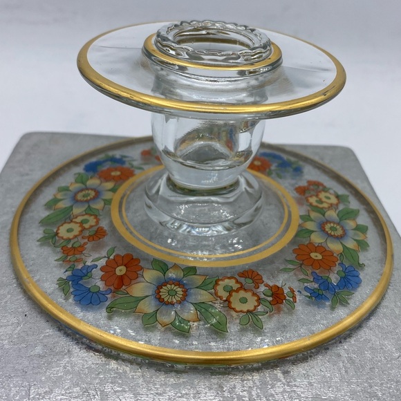 Vintage Clear Glass Candle Holder Multi/Color Floral Design Accented With Gold - Picture 2 of 8